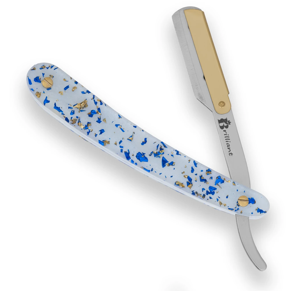 Gold and Silver Finish Blade Razor with White Blue and Gold Design Handle