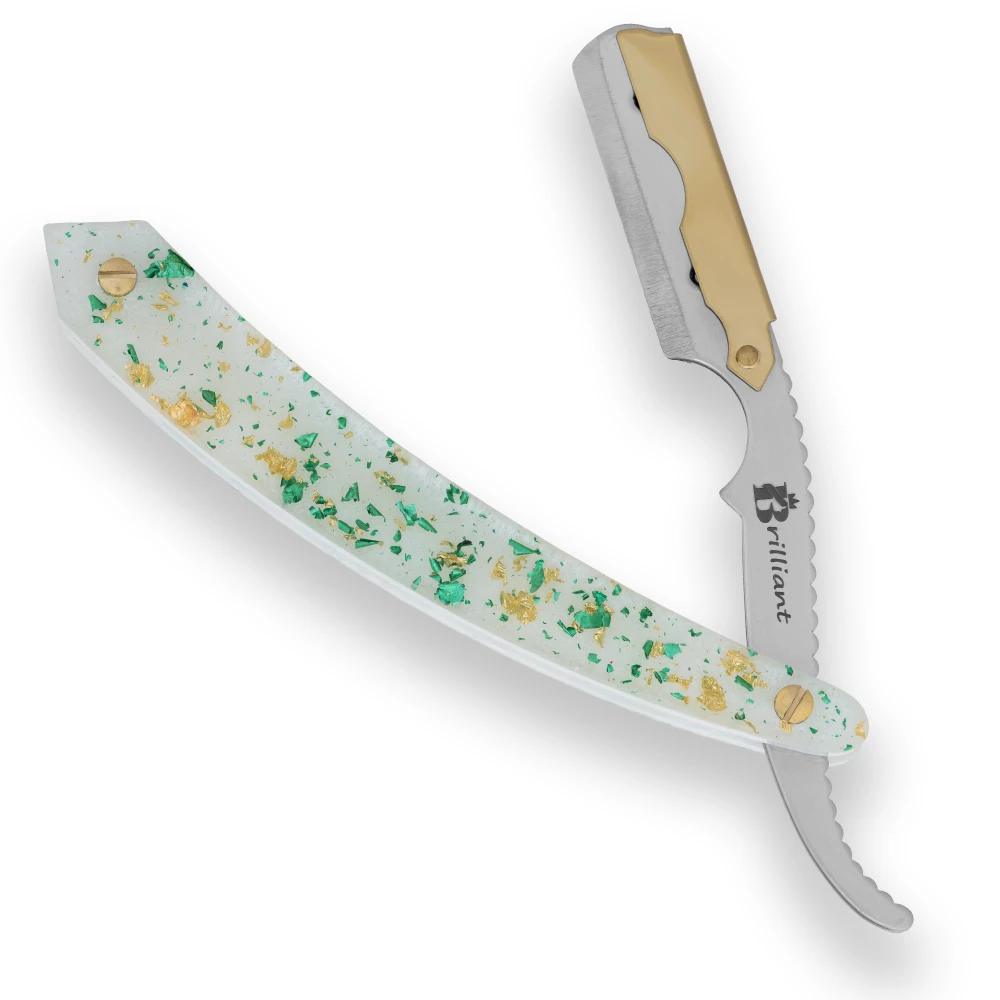 Gold and Silver Finish Blade Razor with White Green and Gold Design Handle