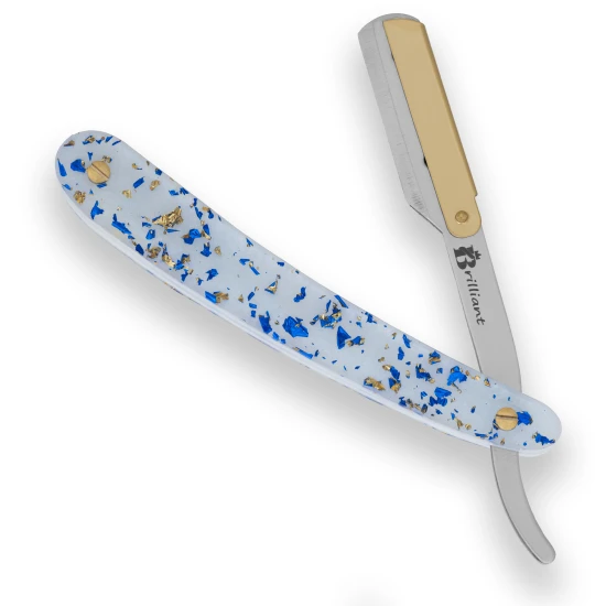 Gold and Silver Finish Blade Razor with White Blue and Gold Design Handle